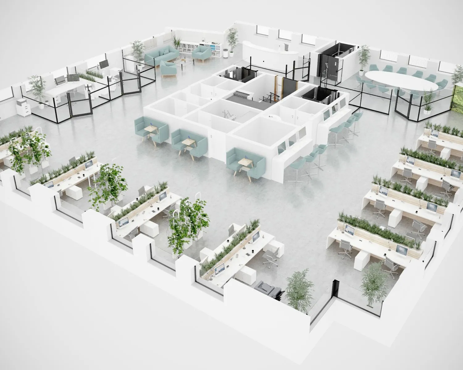 3D-visualisatie van een modern, open kantoor met werkplekken, vergaderruimtes en ontspanningshoeken, omgeven door groen.