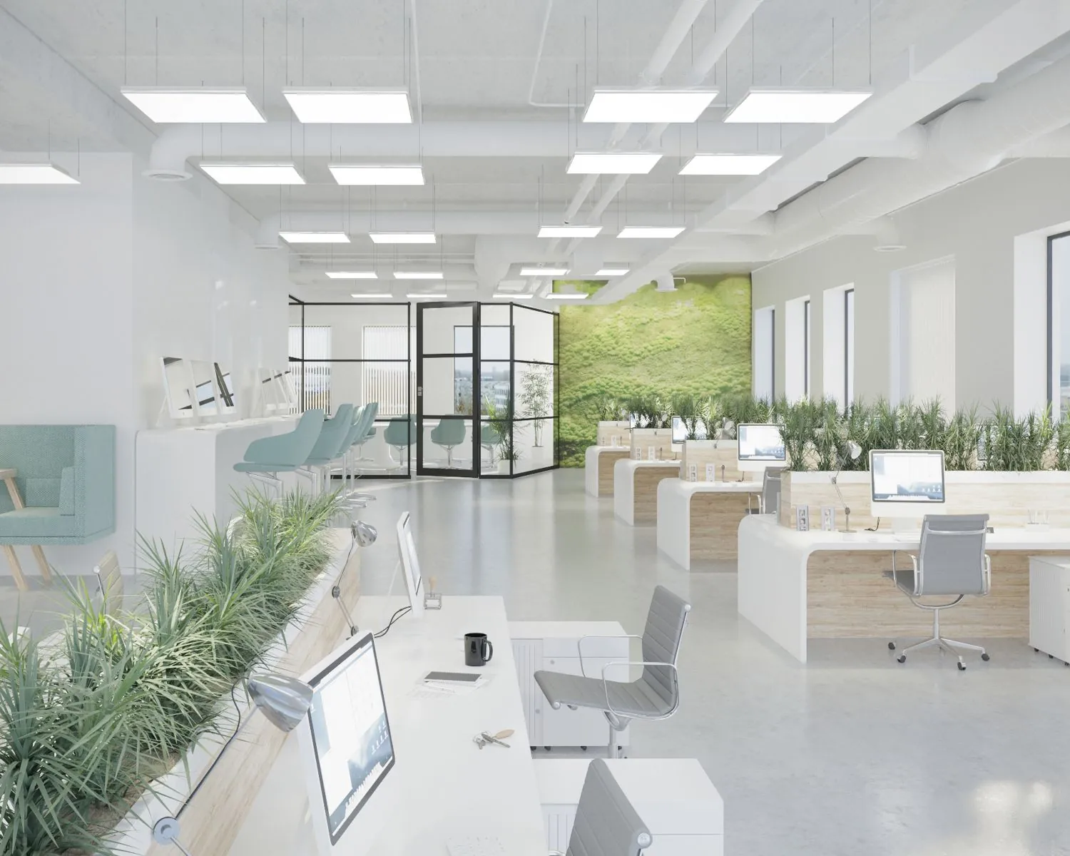 Modern open kantoor met veel daglicht, groene planten en een groene moswand.