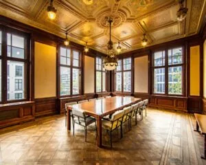 Vergaderruimte met een lange houten tafel, klassieke houten lambrisering en een rijk versierd plafond met kroonluchter.