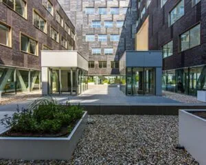 Binnenplaats van een modern kantoorpand met glazen entrees, grijze bestrating en verhoogde plantenbakken.