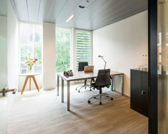 Modern ingericht kantoor met bureau, laptop, bloemen en grote ramen die natuurlijk licht binnenlaten.