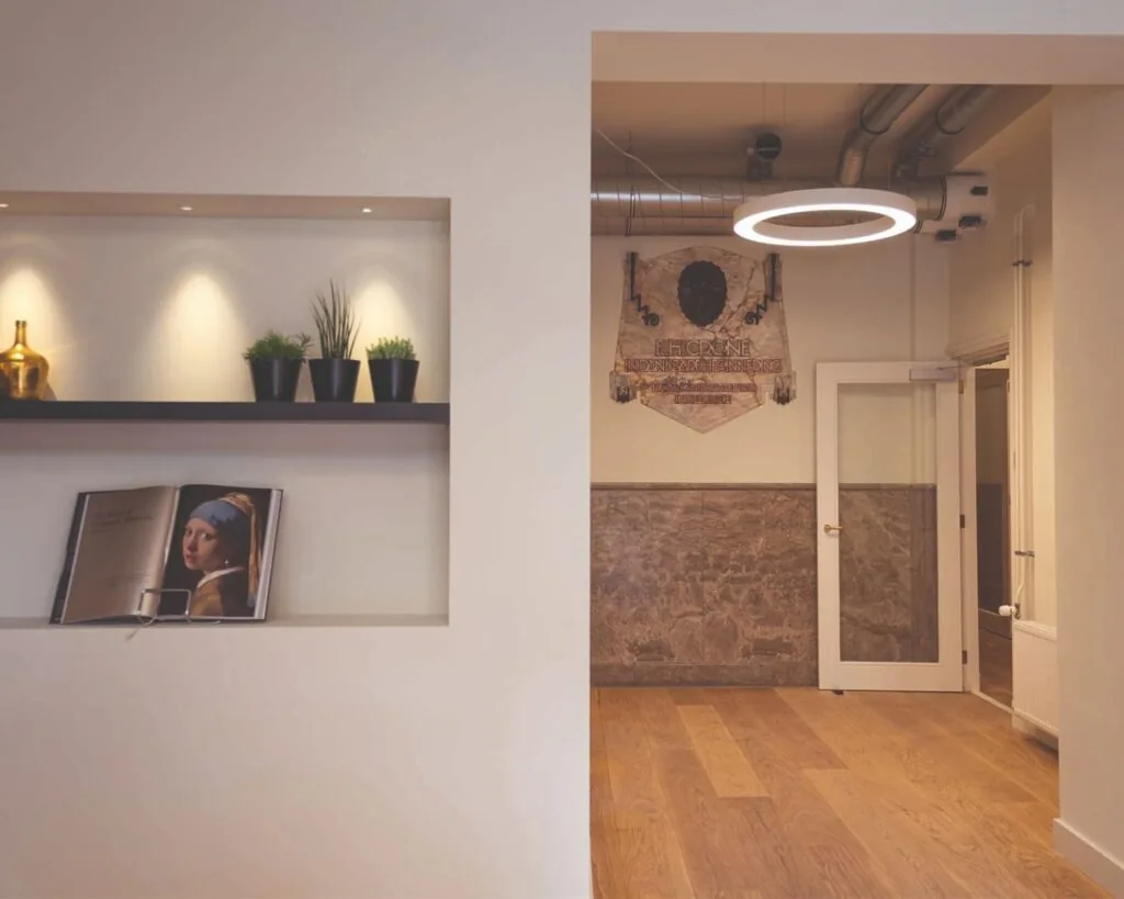 Moderne interieurhal met houten vloer, wanddecoratie, ronde hanglamp en een nis met planten en een open kunstboek.