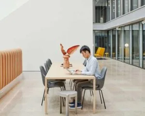 Man werkt op een laptop aan een lange houten tafel in een modern, licht kantoorinterieur.