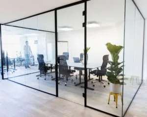 Moderne vergaderruimte met glazen wanden, vergadertafel, bureaustoelen en een grote kamerplant op de voorgrond.