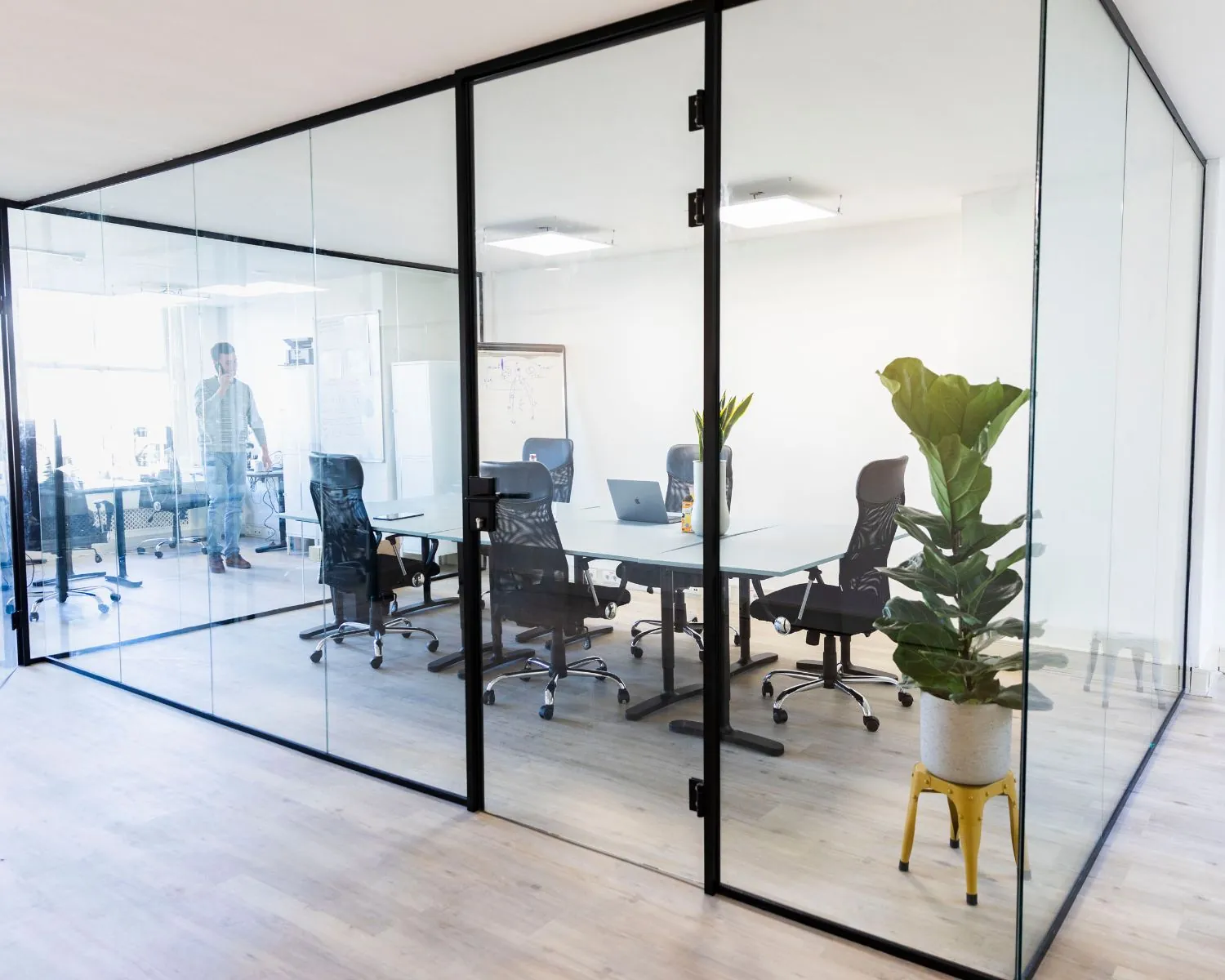 Moderne vergaderruimte met glazen wanden, vergadertafel, bureaustoelen en een grote kamerplant op de voorgrond.