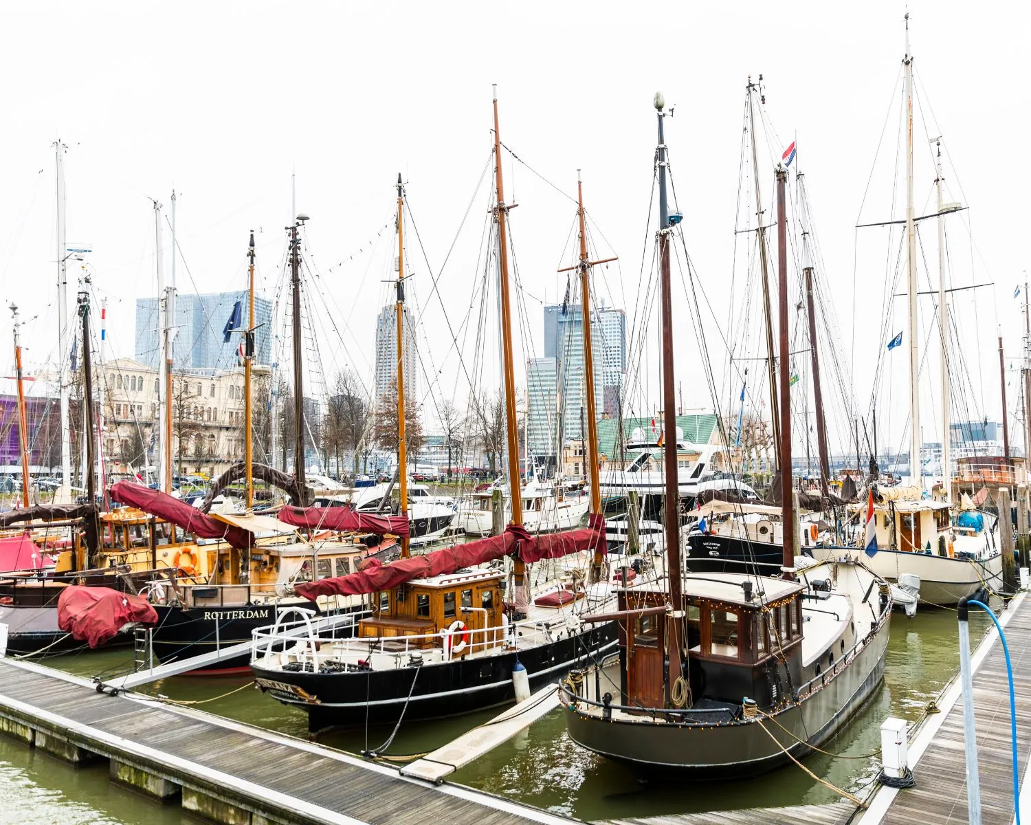 Traditionele zeilboten in een haven in Rotterdam met moderne gebouwen op de achtergrond.