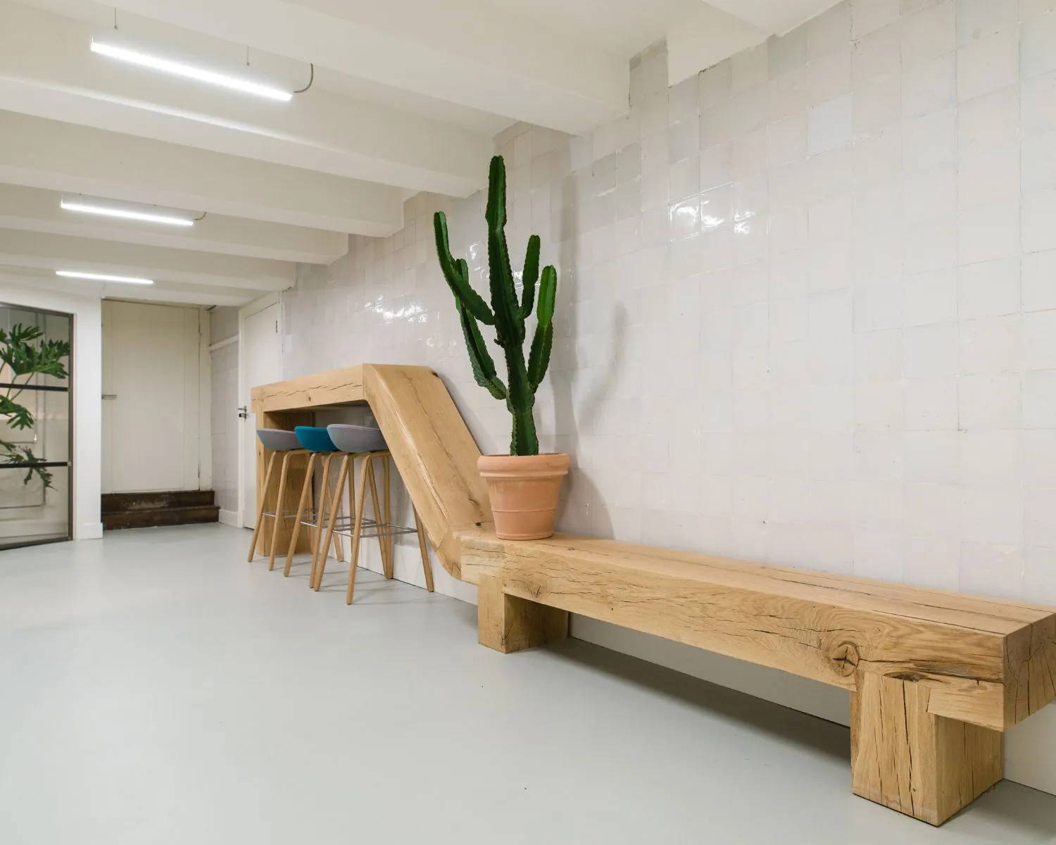 Moderne, minimalistische ruimte met houten zitmeubels, een bar met barkrukken en een grote cactus in een terracotta pot.