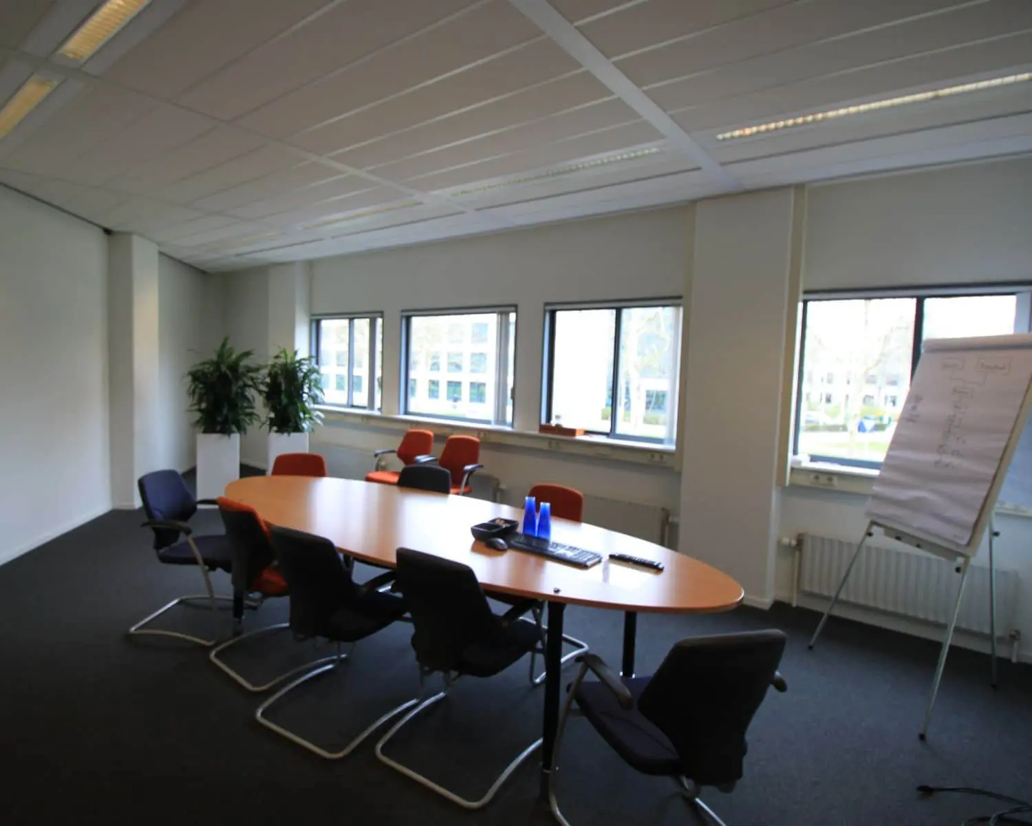 Vergaderruimte met ovale tafel, stoelen, een flip-over en grote ramen met daglicht.