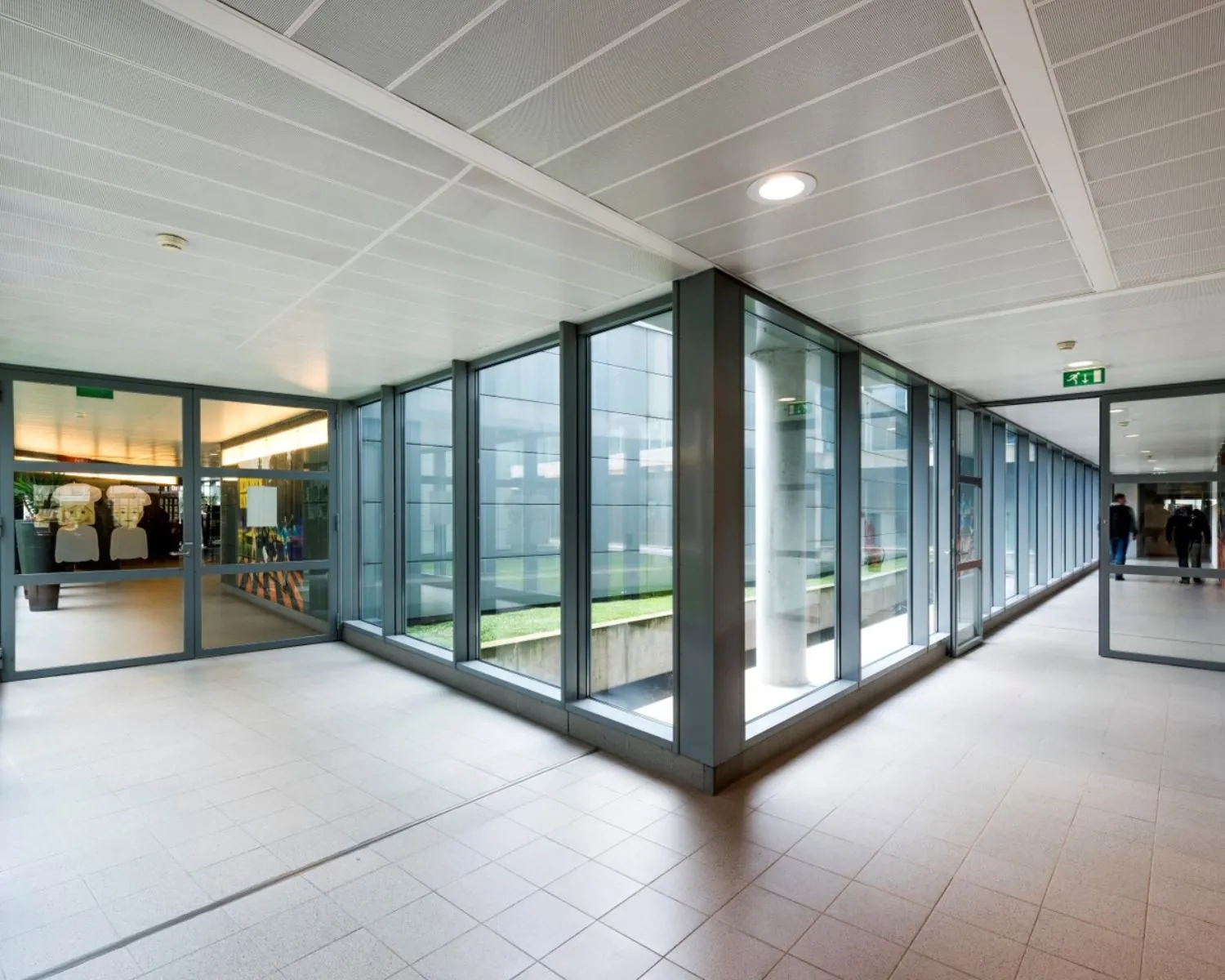 Glazen gang in een modern kantoorgebouw met ramen aan beide zijden en zicht op een binnentuin.