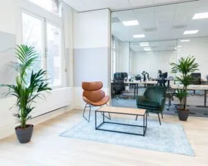 Moderne, lichte wachtruimte met stijlvolle fauteuils, een salontafel, planten en uitzicht op een glazen kantoormuur.