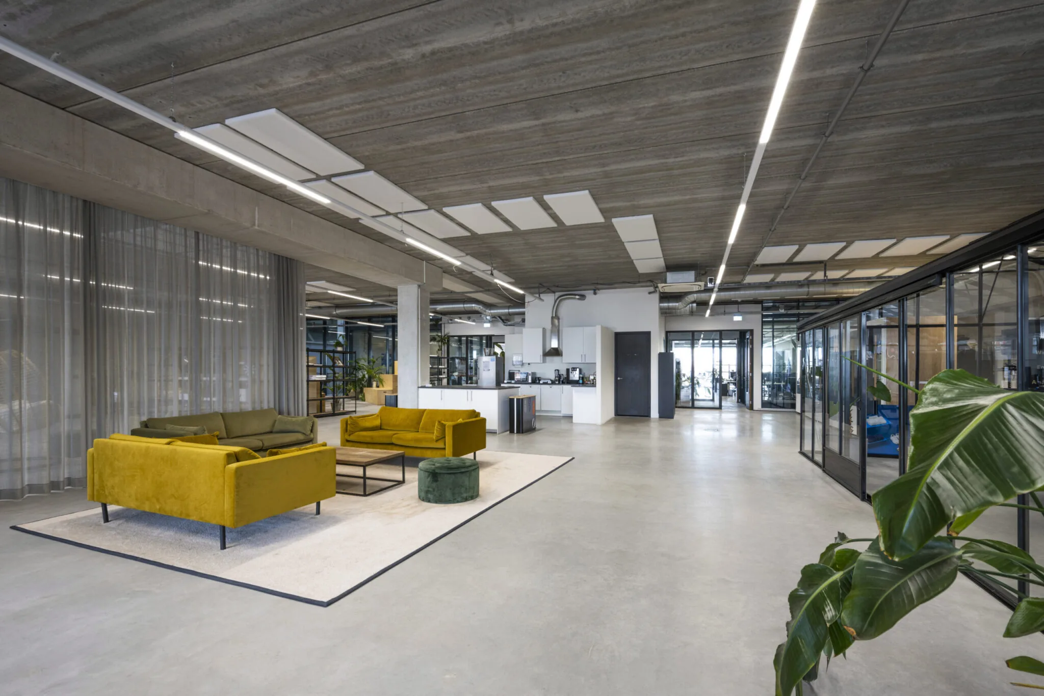 Moderne kantoorlobby aan de Danzigerkade met gele en groene zitbanken, een open keuken en glazen vergaderruimtes.