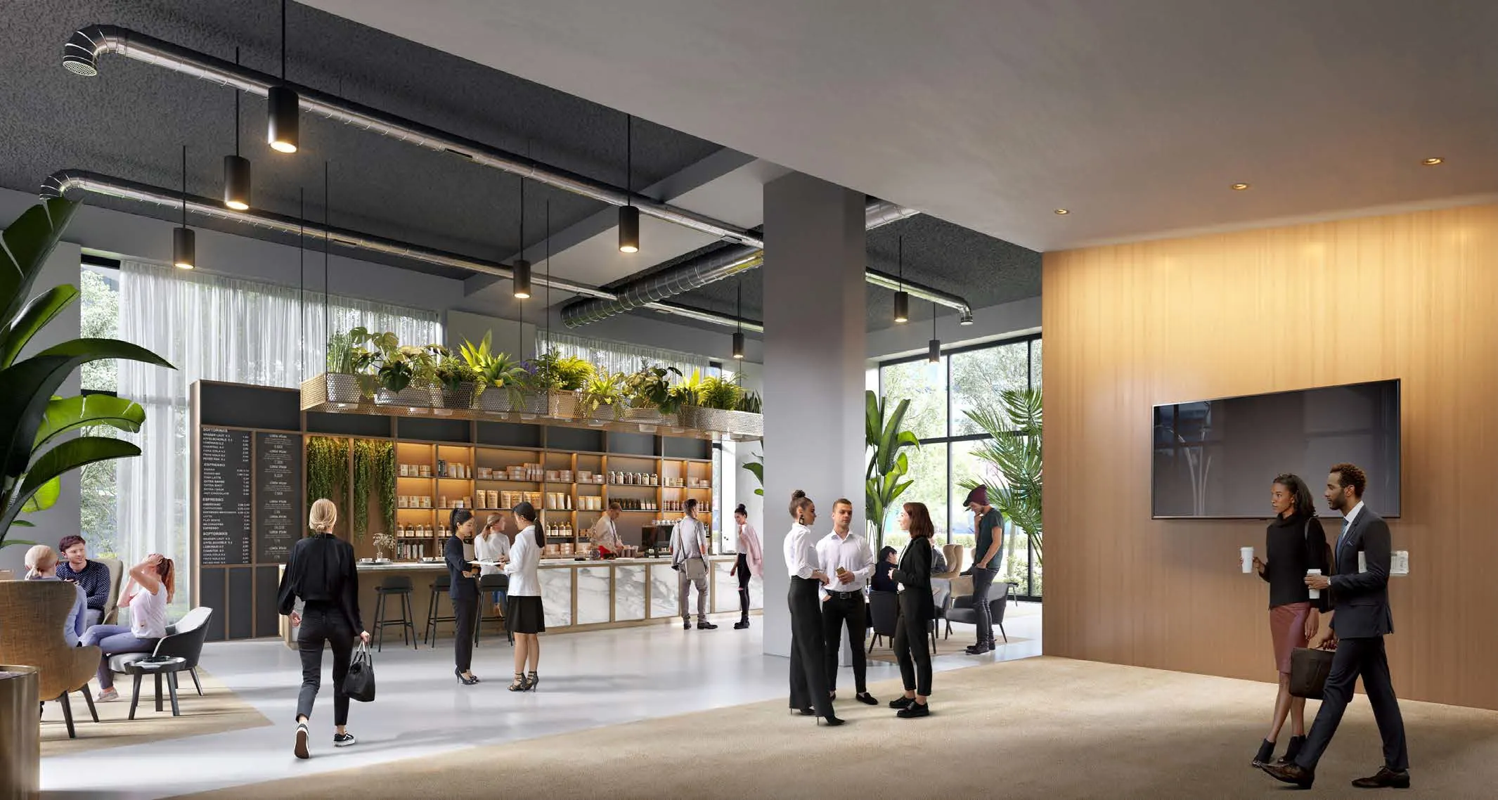 Moderne entree met een koffiebalie, veel groen en mensen in gesprek of onderweg.