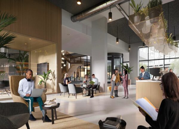 Moderne en levendige lobby van Entree 201 met mensen die werken, lezen en met elkaar in gesprek zijn.