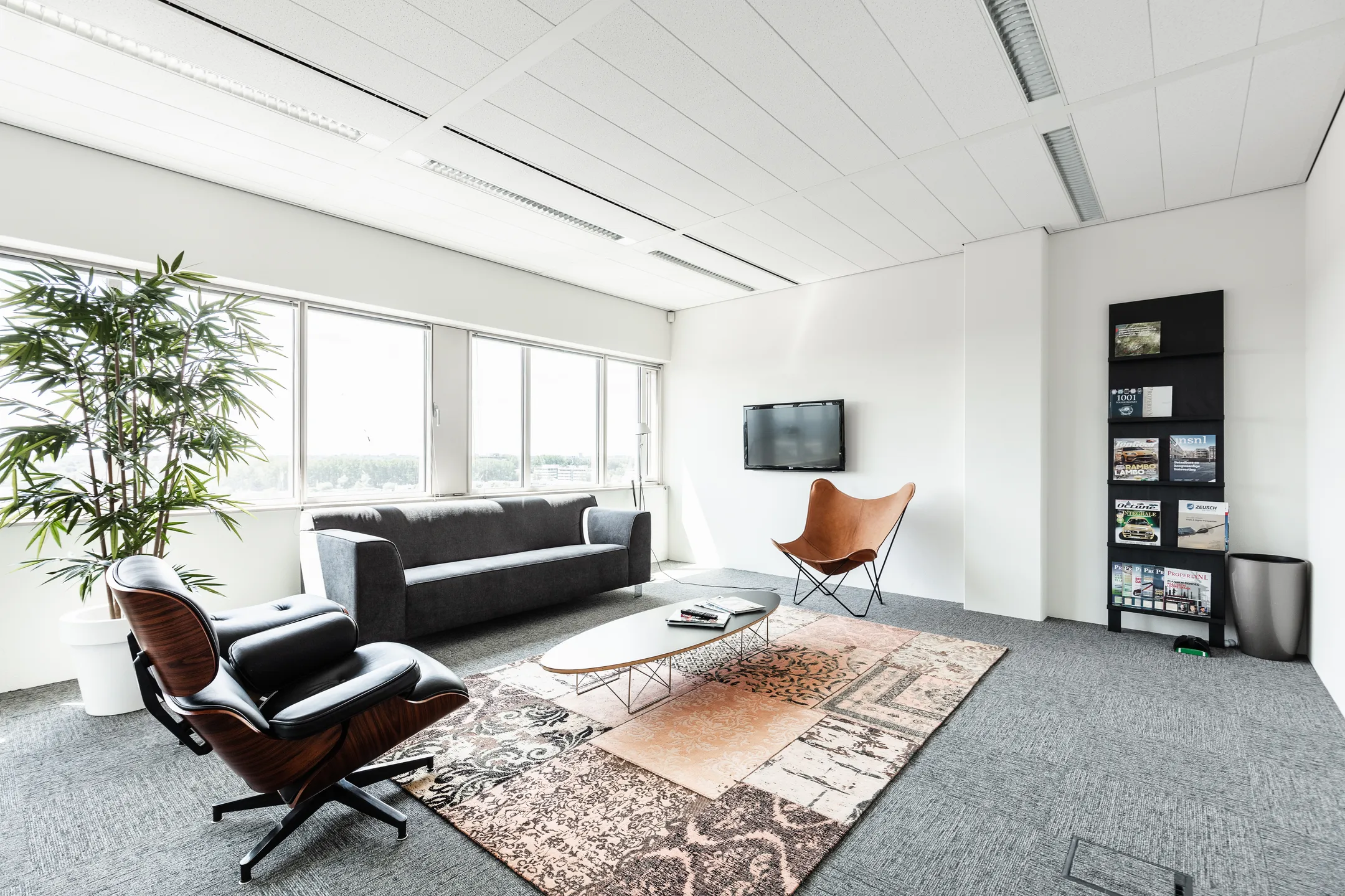 Moderne wachtruimte met designmeubilair, groot vloerkleed, tijdschriftenrek en ramen die veel daglicht binnenlaten.