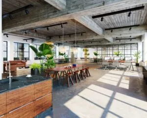 Moderne, ruimtelijke kantoorruimte aan de Haarlemmerstraatweg 13-3 met industriële uitstraling, grote ramen en veel groen.