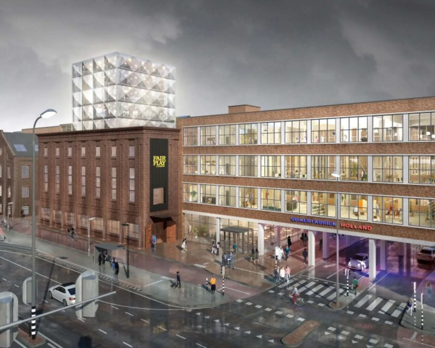 Kantoorgebouw aan de Haarlemmerstraatweg 13-4 met moderne glazen opbouw en zichtbare bedrijvigheid binnen.