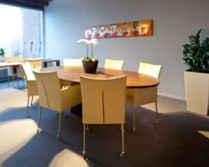 Moderne kantoorruimte met ovale houten vergadertafel, beige stoelen en grote kamerplanten aan de Kaldenkerkerweg 20.