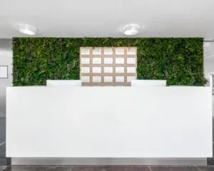 Witte balie in een moderne kantoorruimte aan de Bavincklaan 7 in Amstelveen, met een groene moswand en bedrijfsnaambord op de achtergrond.