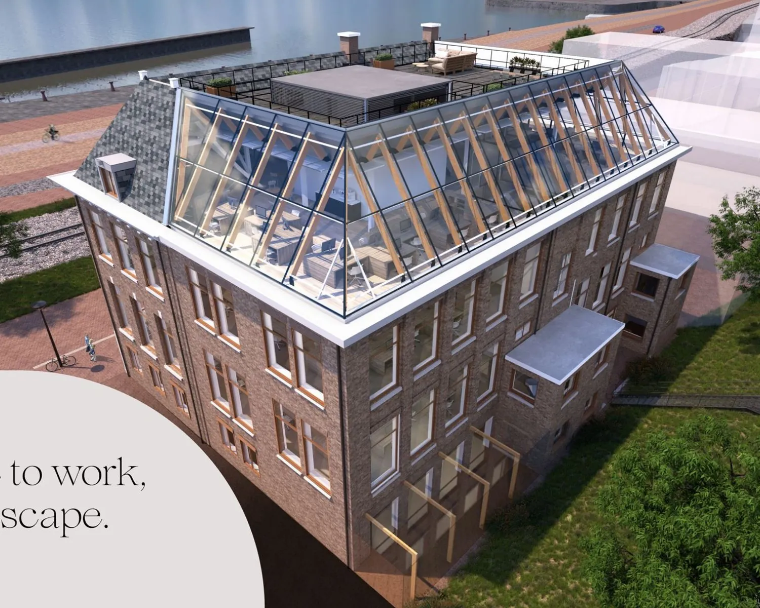 Luchtfoto van een modern kantoor met glazen dak op De Ruijterkade 139 in Amsterdam, gelegen aan het water.