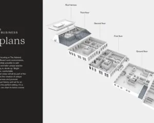3D-visualisatie van de verdiepingen en het dakterras van het kantoorpand De Ruijterkade 139 in Amsterdam.