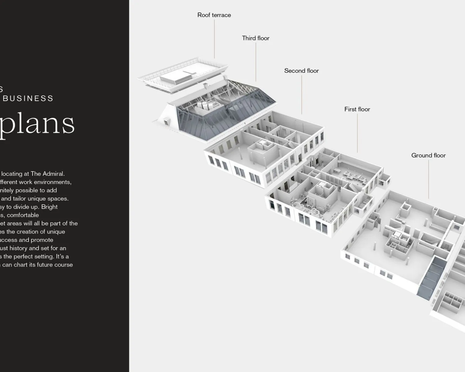 3D-visualisatie van de verdiepingen en het dakterras van het kantoorpand De Ruijterkade 139 in Amsterdam.