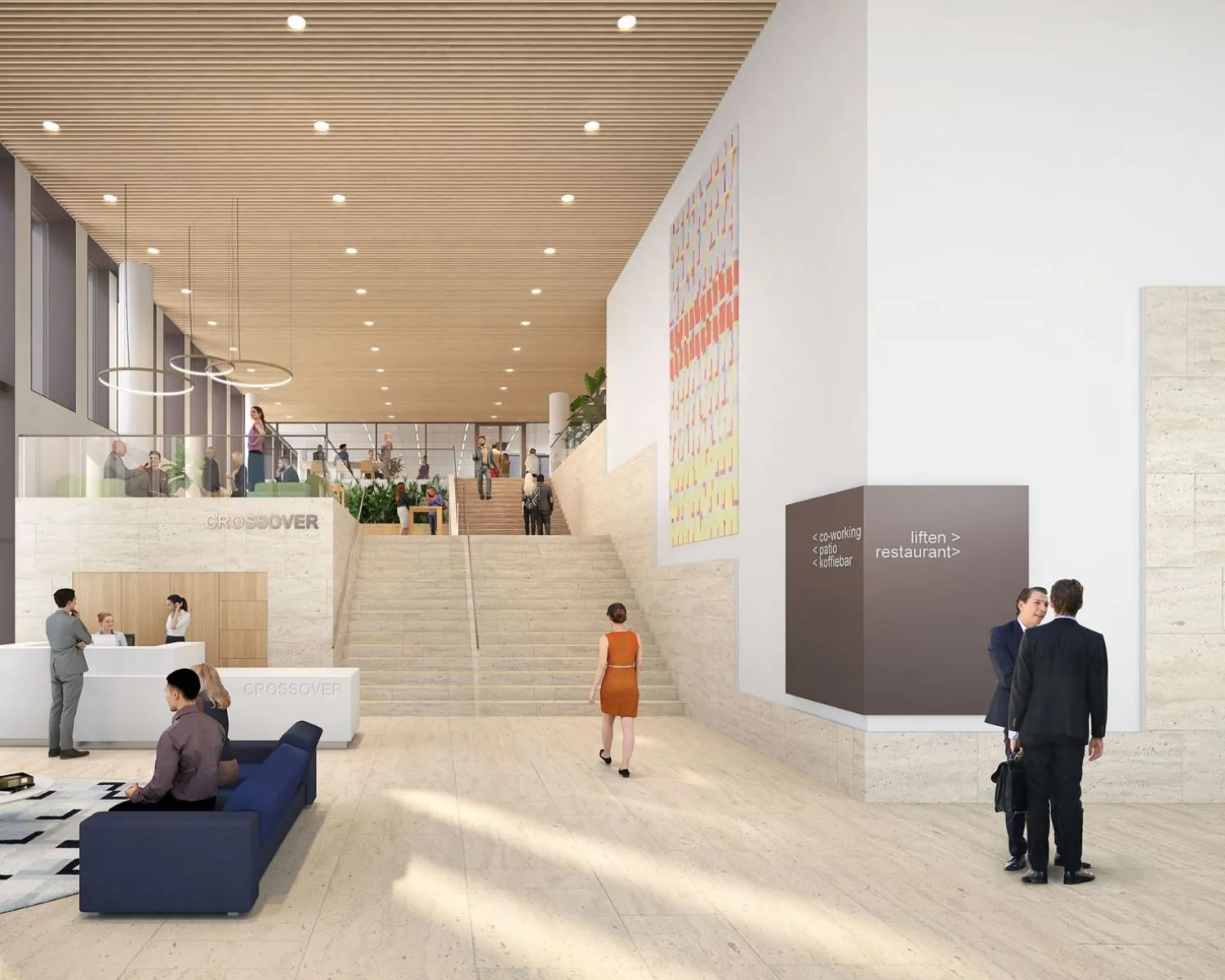 Moderne, lichte entreehal van een kantoorpand aan de Galrestraat 30 in Amsterdam met receptie, zitruimte en trap naar boven.