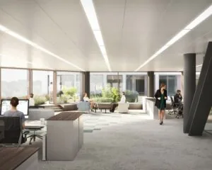 Moderne en lichte kantoorruimte aan de Galrestraat 30 in Amsterdam met werkplekken, zitgedeeltes en grote ramen met uitzicht op een binnentuin.