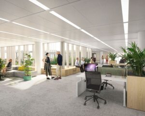 Moderne en lichte kantoorruimte met open indeling en verschillende zitplekken aan de Galrestraat 30 in Amsterdam.