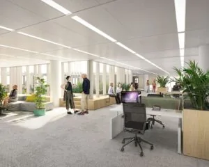 Moderne en lichte kantoorruimte met open indeling en verschillende zitplekken aan de Galrestraat 30 in Amsterdam.