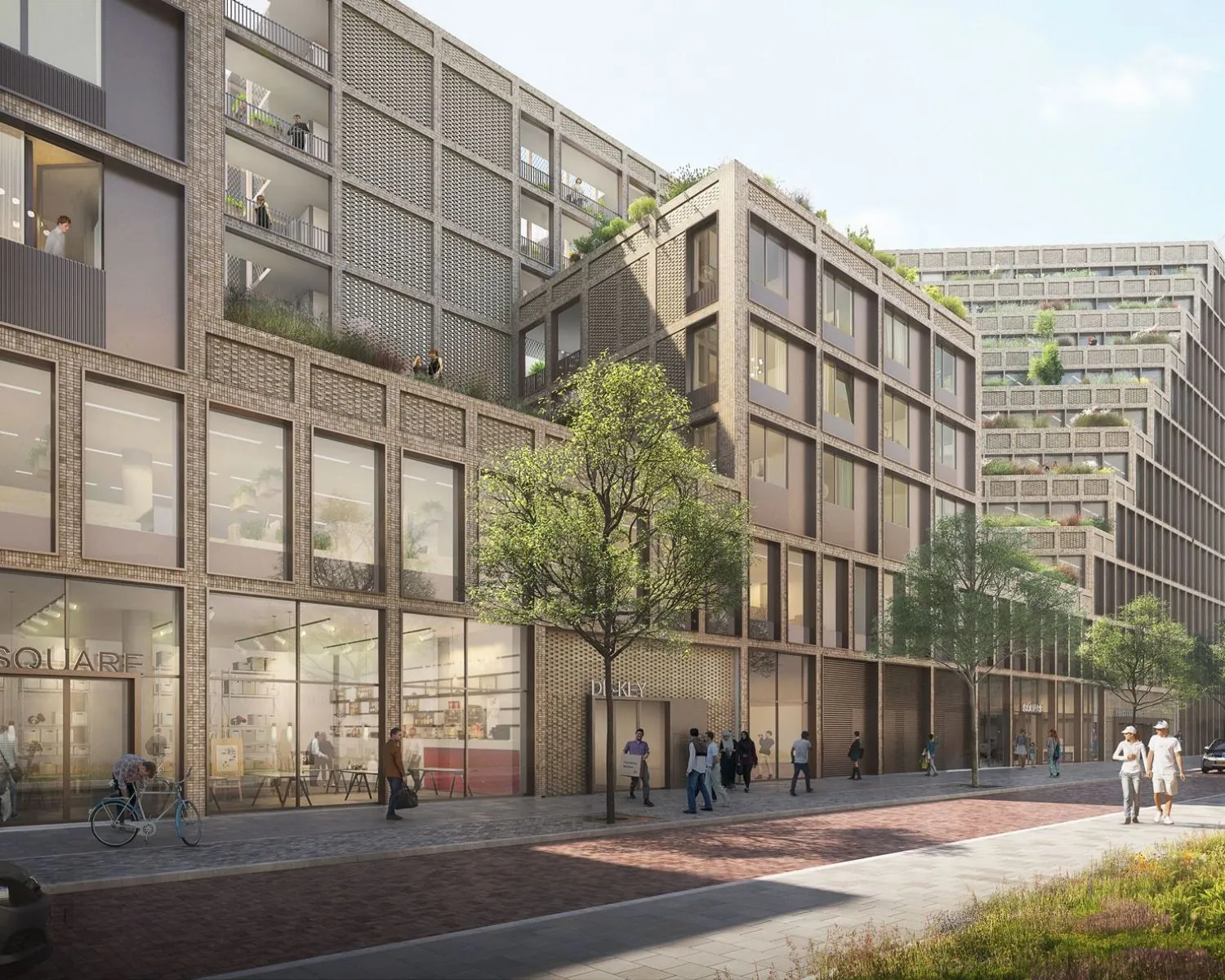 Moderne kantoor- en woongebouwen aan de Galrestraat 30 in Amsterdam met grote ramen en een levendige straatomgeving.