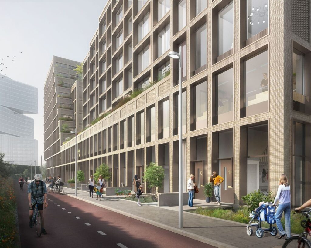 Moderne kantoorruimtes aan de Galrestraat 30 in Amsterdam met grote ramen en een levendige straat met voetgangers en fietsers.