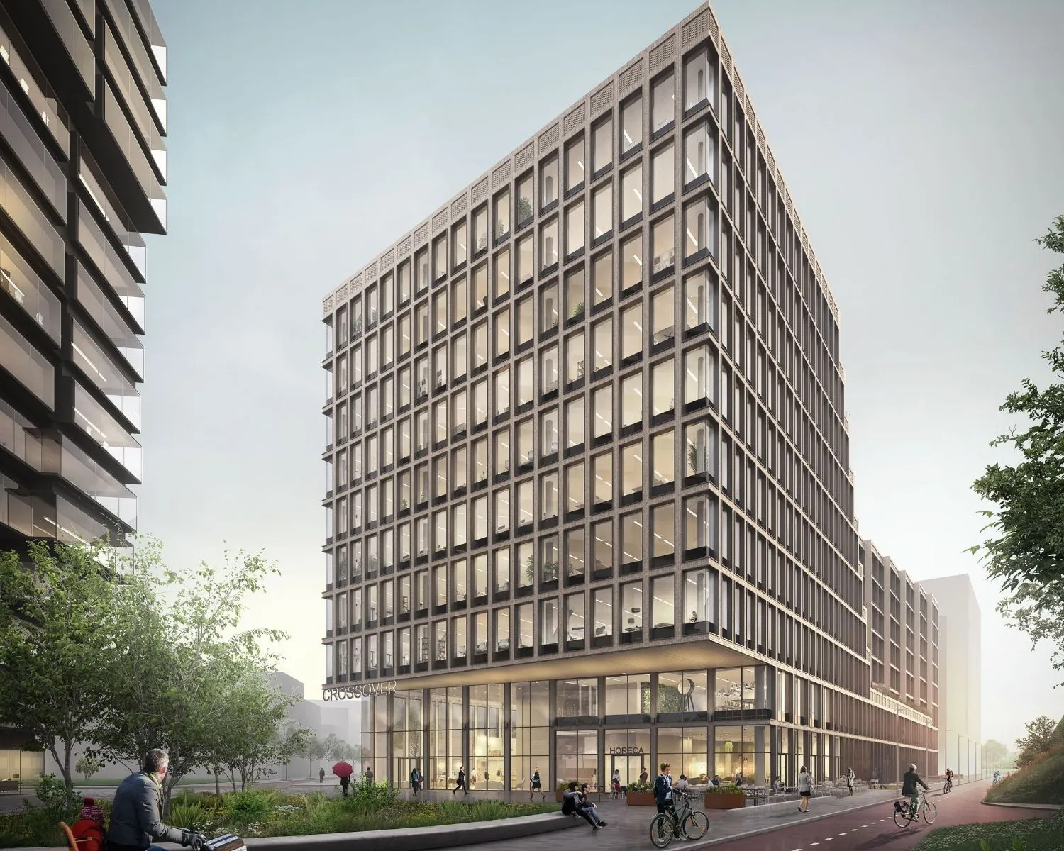 Modern kantoorgebouw aan de Galrestraat 30 in Amsterdam met glazen gevel en omliggende fietsers en voetgangers.