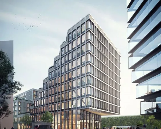 Modern kantoorgebouw aan de Galrestraat 30 in Amsterdam met glazen gevel en terrassen op meerdere niveaus.