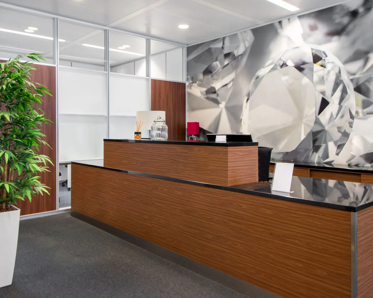 Moderne receptiebalie met houten afwerking in een kantoorruimte aan het Jonkerbosplein 52 in Nijmegen.