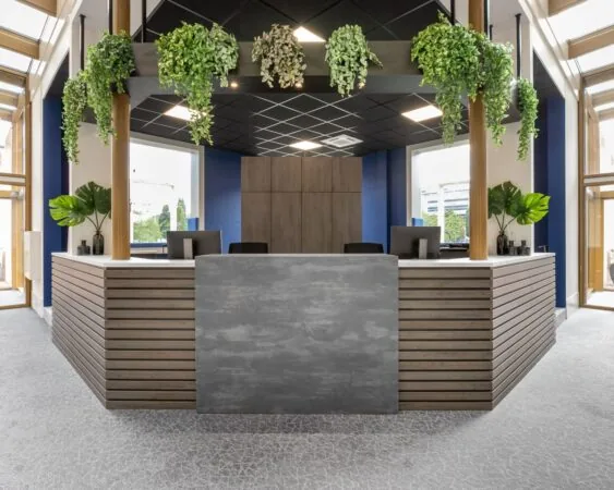 Moderne receptiebalie met houtaccenten en hangplanten in een kantoorruimte aan de Meester BM Teldersstraat 7 in Arnhem.