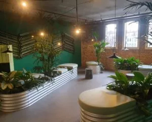 Moderne kantoorruimte in Rotterdam Entrepothaven met industriële zithoeken, veel groen en bakstenen muur.