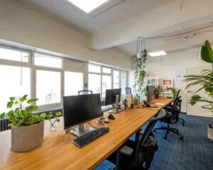 Moderne en lichte kantoorruimte aan de Weesperstraat 61 in Amsterdam met gedeelde werkplekken, planten en grote ramen.
