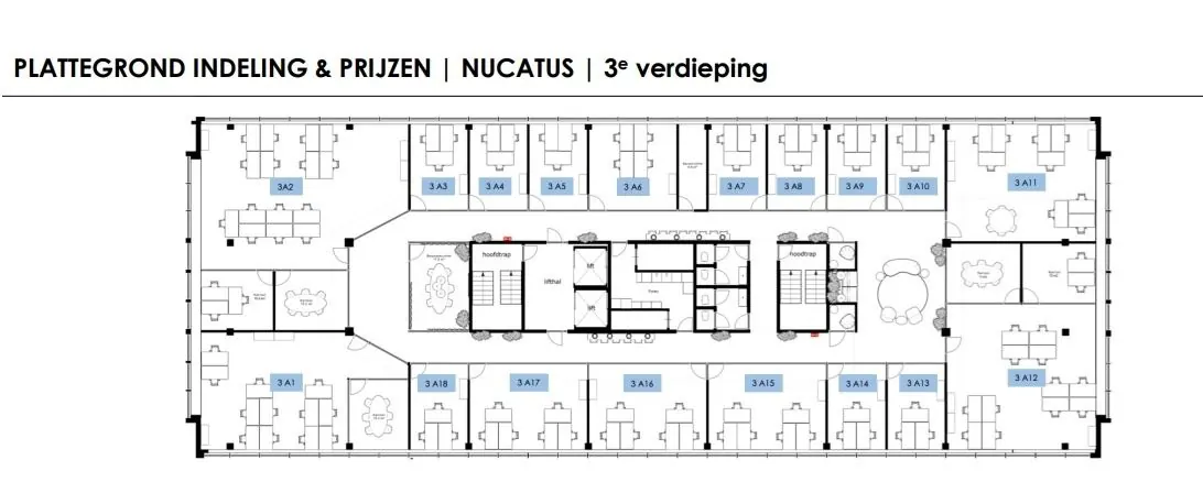 Plattegrond van de derde verdieping van kantoorruimte te huur aan de Laarderhoogtweg 7-13 in Amsterdam, met ingedeelde kantoorunits en centrale voorzieningen.