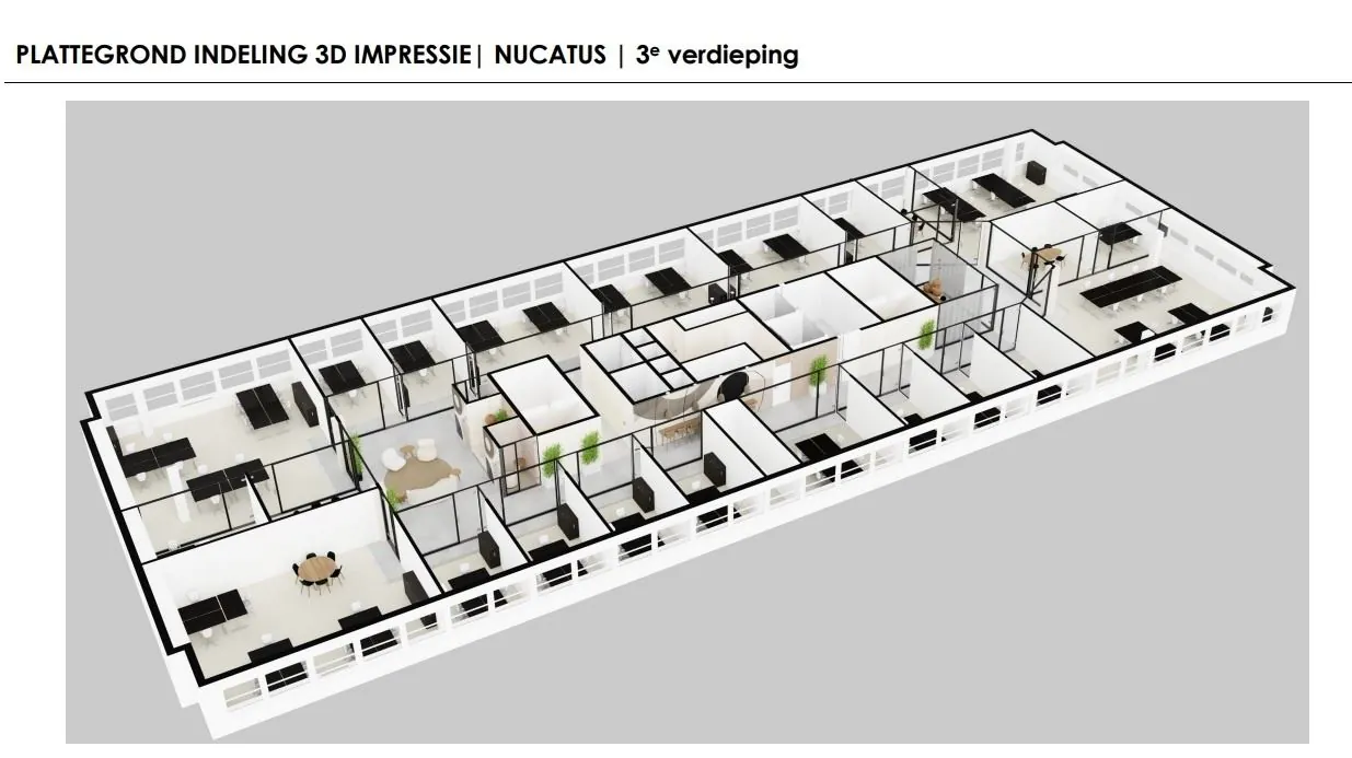 3D plattegrond van de derde verdieping van kantoorruimte aan de Laarderhoogtweg 7-14 in Amsterdam met meerdere kantoorunits en vergaderruimtes.