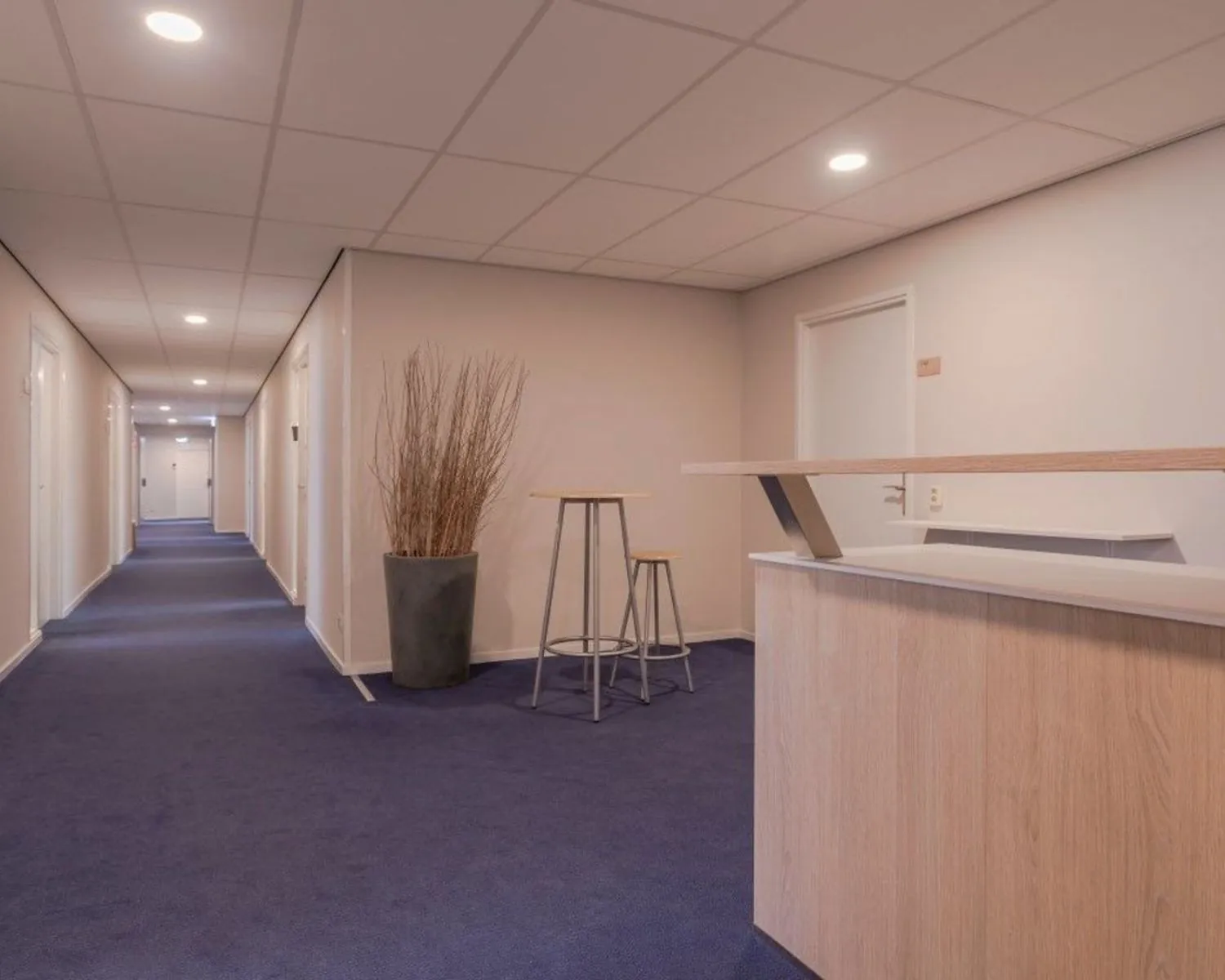 Moderne kantoorruimte aan de Benoordenhoutseweg met balie, zitgedeelte en lange gang met blauwe vloerbedekking.