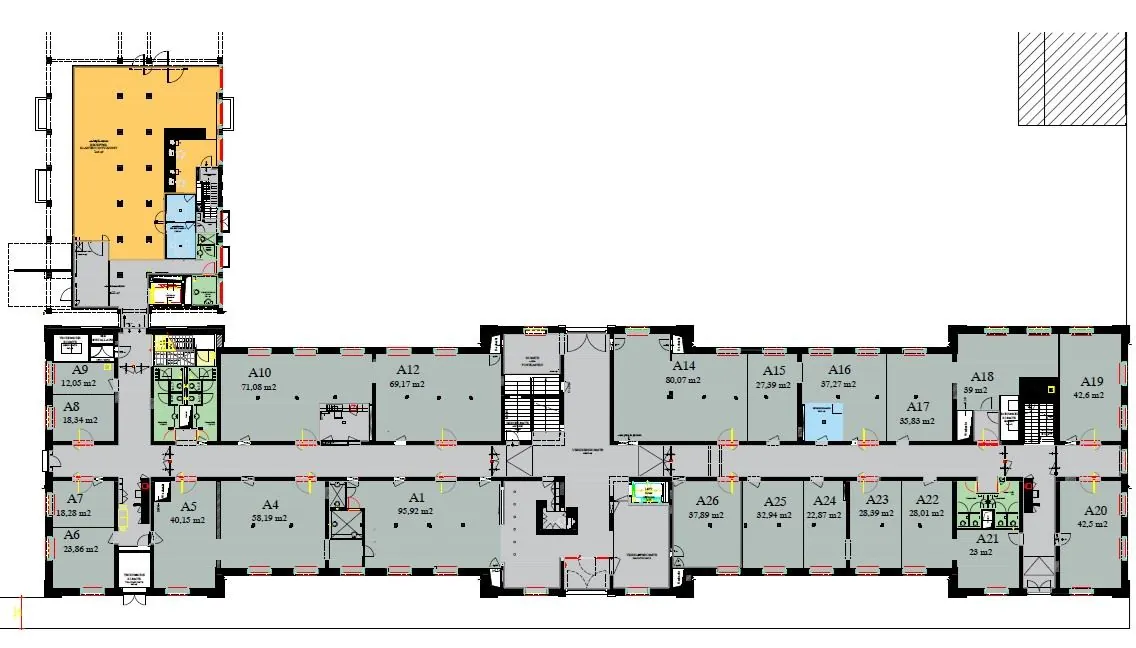 Plattegrond van de kantoorruimte te huur in De Bell aan de Sarphatistraat 370 met verschillende kantoorunits en voorzieningen.