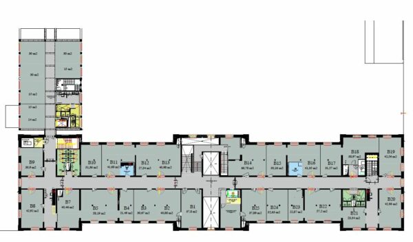 Plattegrond van kantoorruimte De Bell aan de Sarphatistraat 370 met diverse kantoorunits en voorzieningen.
