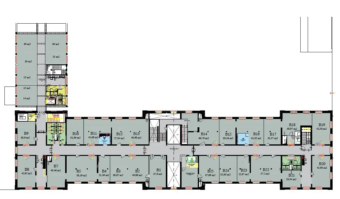 Plattegrond van kantoorruimte De Bell aan de Sarphatistraat 370 met diverse kantoorunits en voorzieningen.