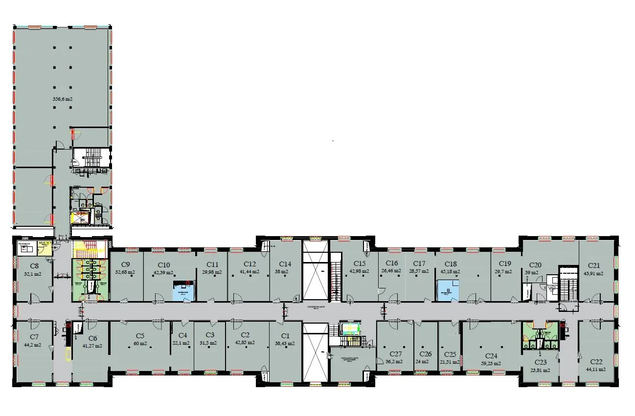Plattegrond van de kantoorruimte te huur in De Bell aan de Sarphatistraat 370-27, met diverse kantoorunits en voorzieningen.