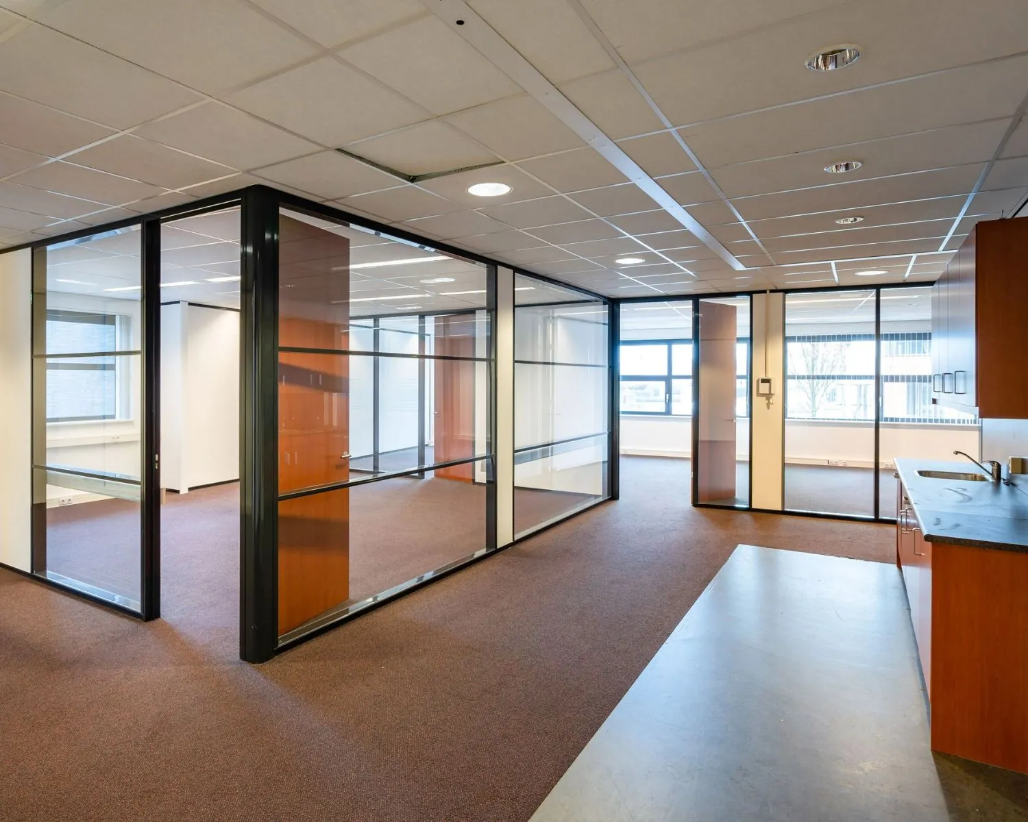Moderne kantoorruimte te huur aan De Waal 18 met glazen scheidingswanden, tapijtvloer en kitchenette.