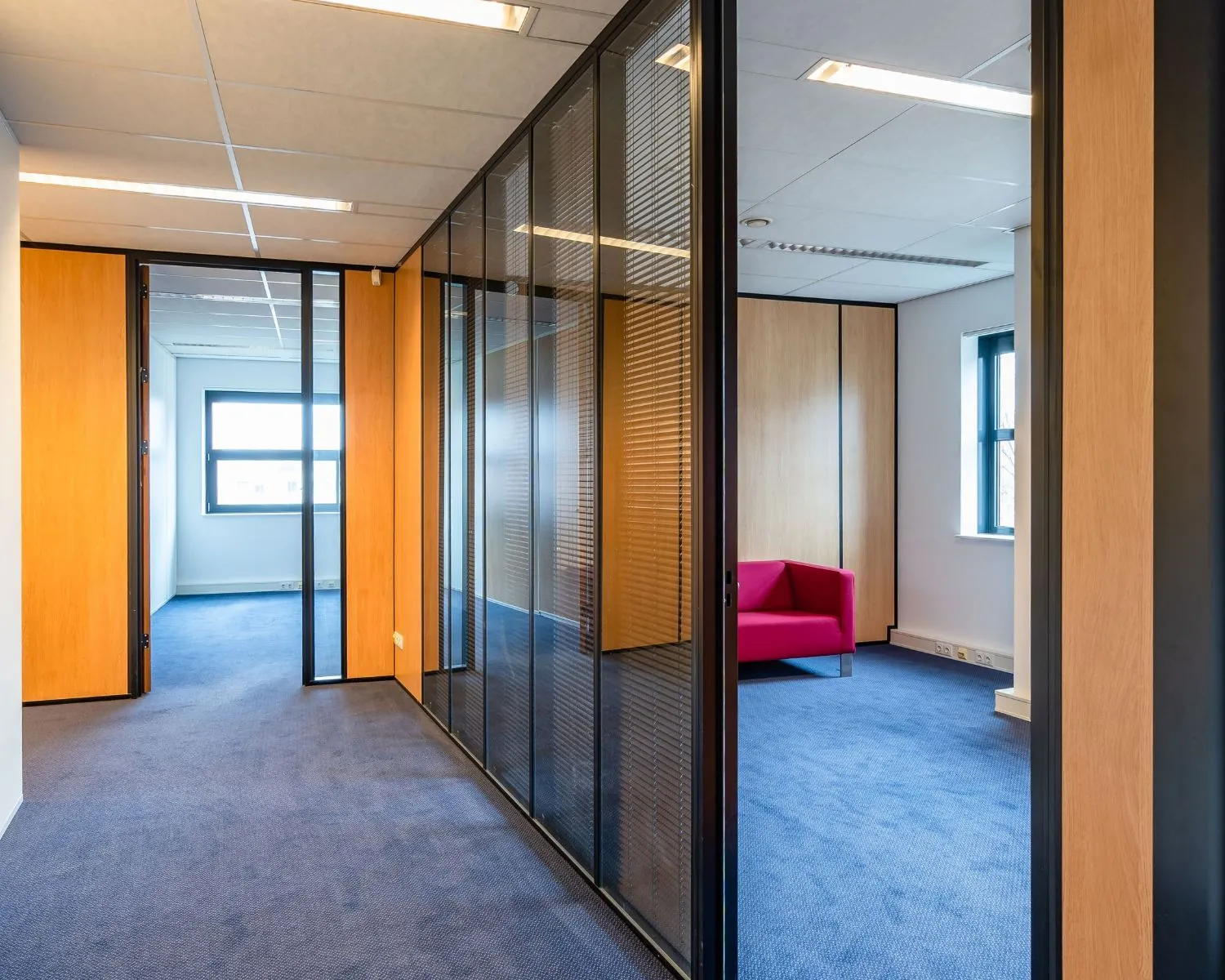 Moderne kantoorruimte met glazen wanden, blauwe vloerbedekking en een felroze bank, gelegen aan De Waal 18.