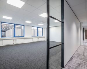 Moderne, lichte kantoorruimte met grijze vloerbedekking en grote ramen aan de Europalaan 4 in Den Bosch.