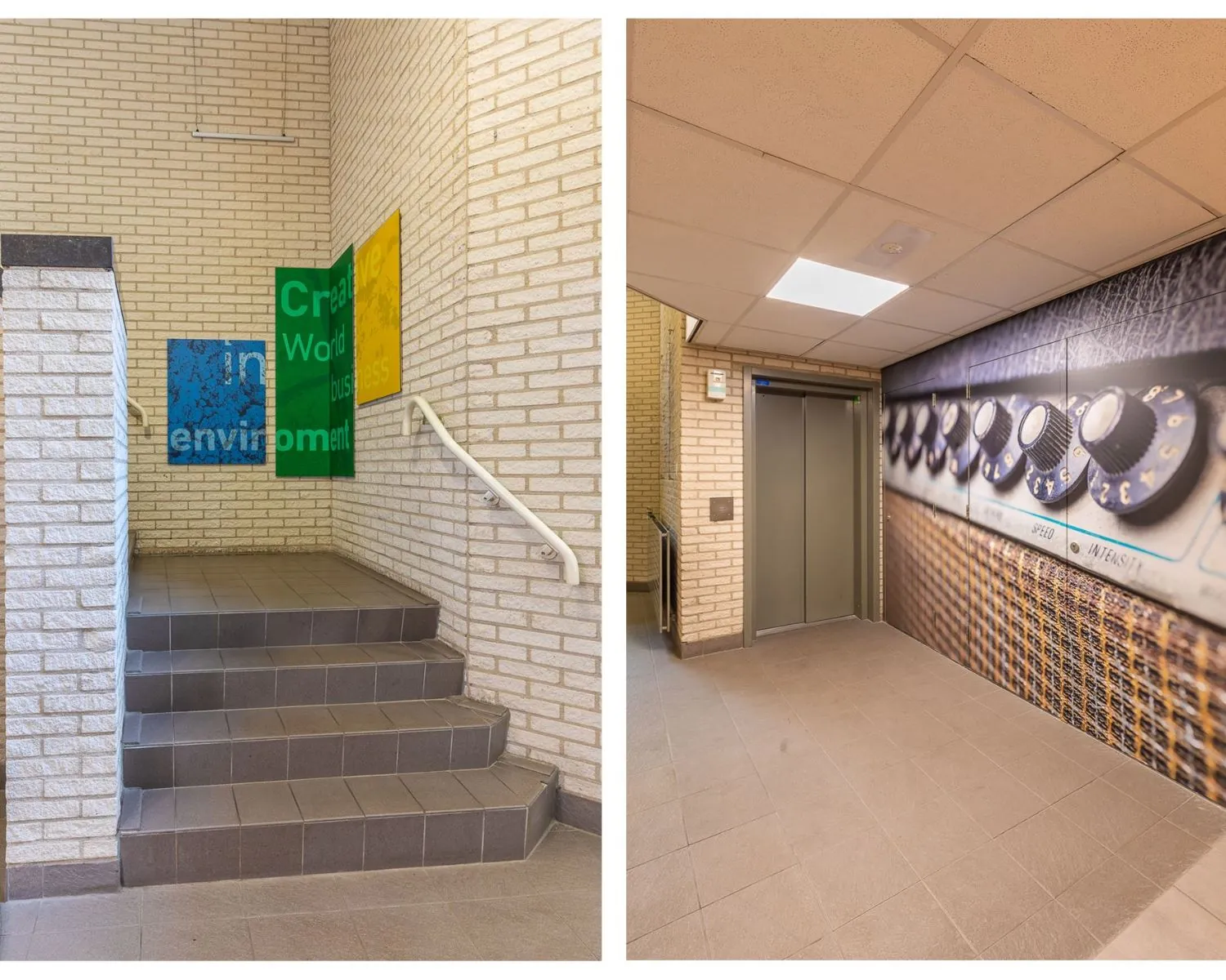 Trap en lift in de gemeenschappelijke hal van kantoorruimte aan de Mozartlaan 27 in Hilversum, met kleurrijke wanddecoratie en muziekgerelateerde muurbekleding.