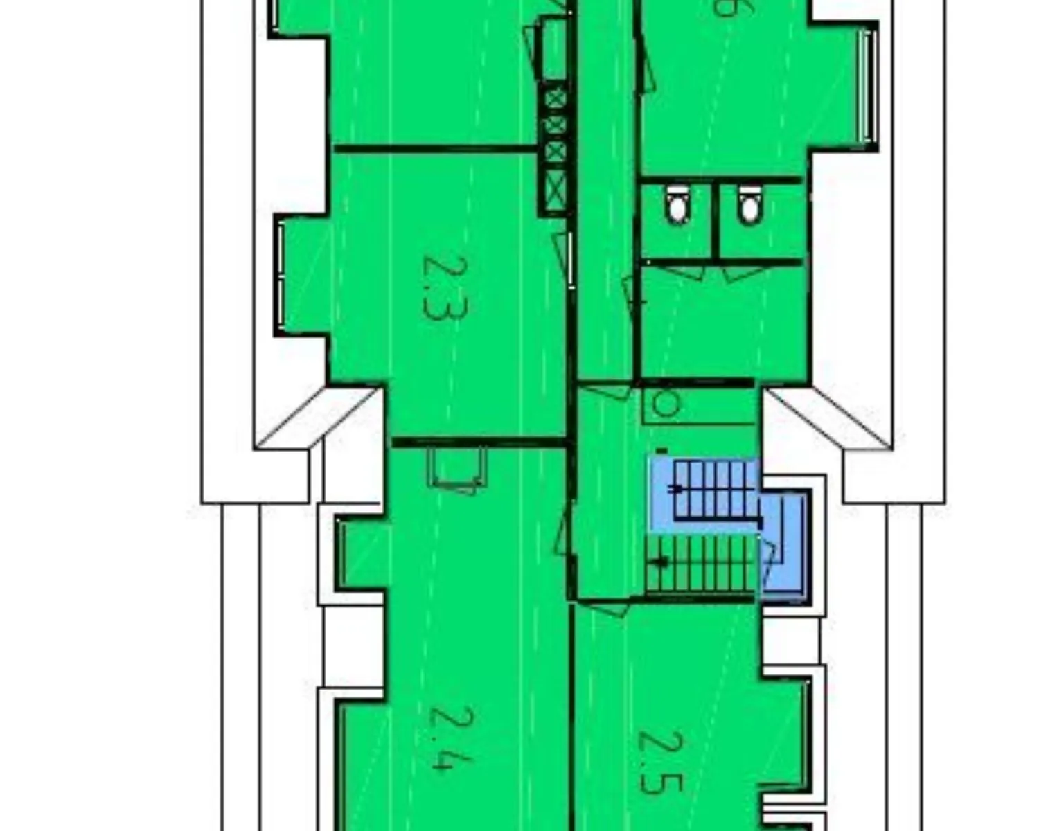 Plattegrond van een kantoorruimte aan de Utrechtseweg 47 in Hilversum met diverse kantoorunits en centrale faciliteiten.