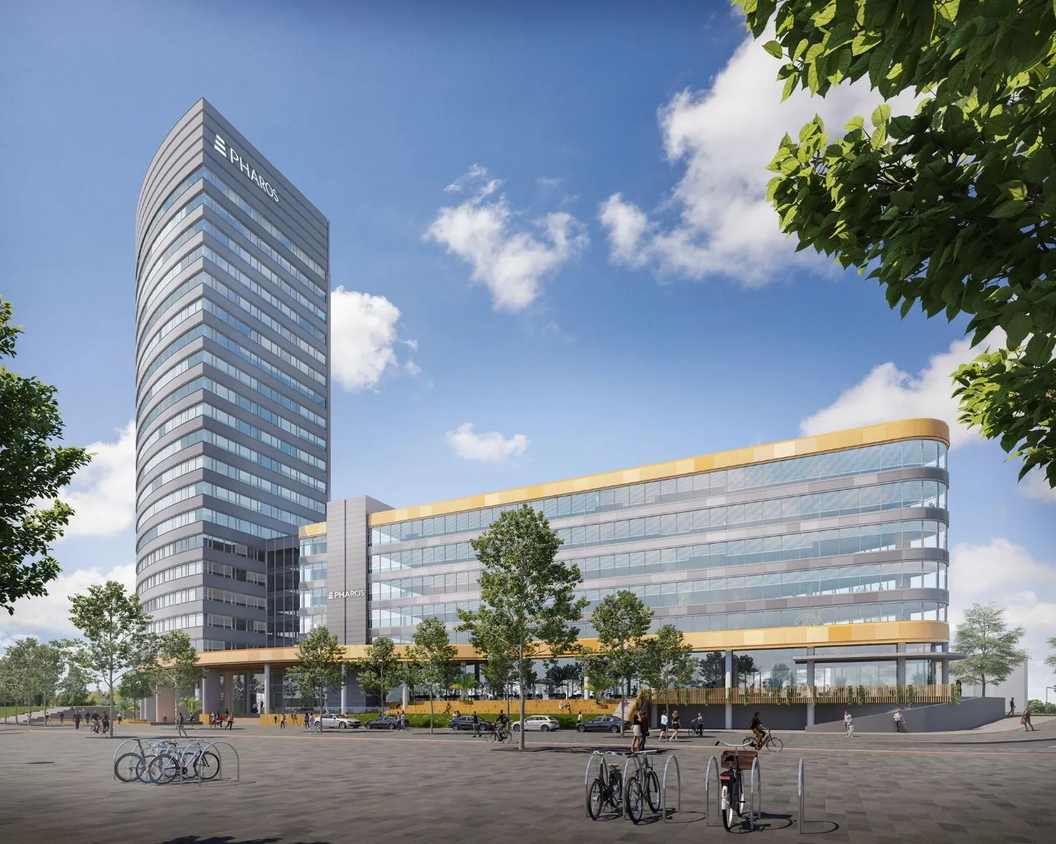 Modern kantoorgebouw Pharos aan het Mercuriusplein 1 in Hoofddorp met fietsenrekken en bomen op de voorgrond.